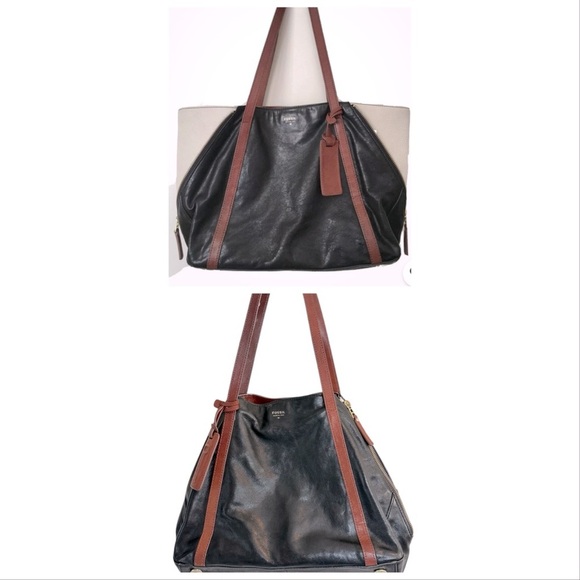 Fossil Handbags - Fossil 2 in One Tote Expandable Black Brown Goat Hide Leather Side Zippers